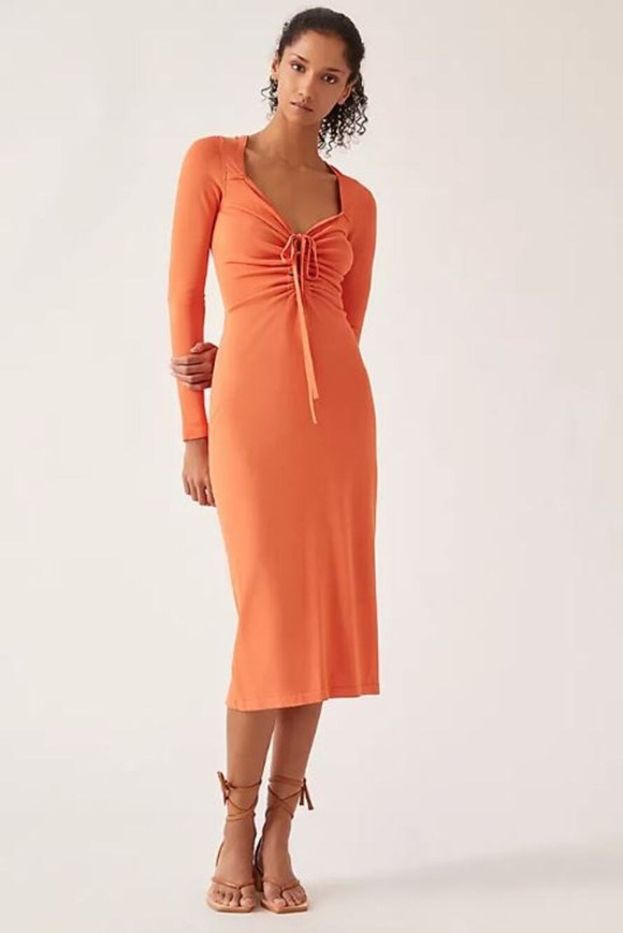 Callahan Knitwear Anthropologie Tie-Front Sweater Midi Dress Women's Sz M Orange